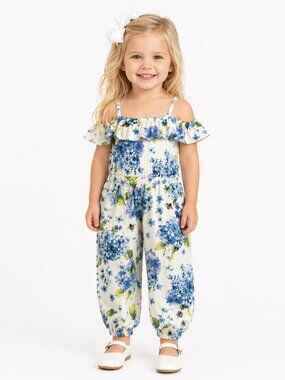 Gymboree Size 3T Floral Lined Jumpsuit Blue White Off Shoulder Ruffles Bees